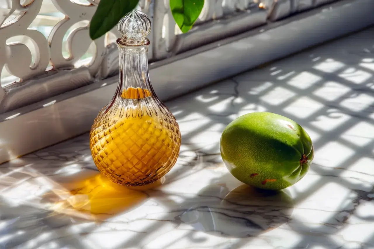 Bouteille de rhum arrangé mangue, à côté d'un fruit vert sur un marbre lumineux.