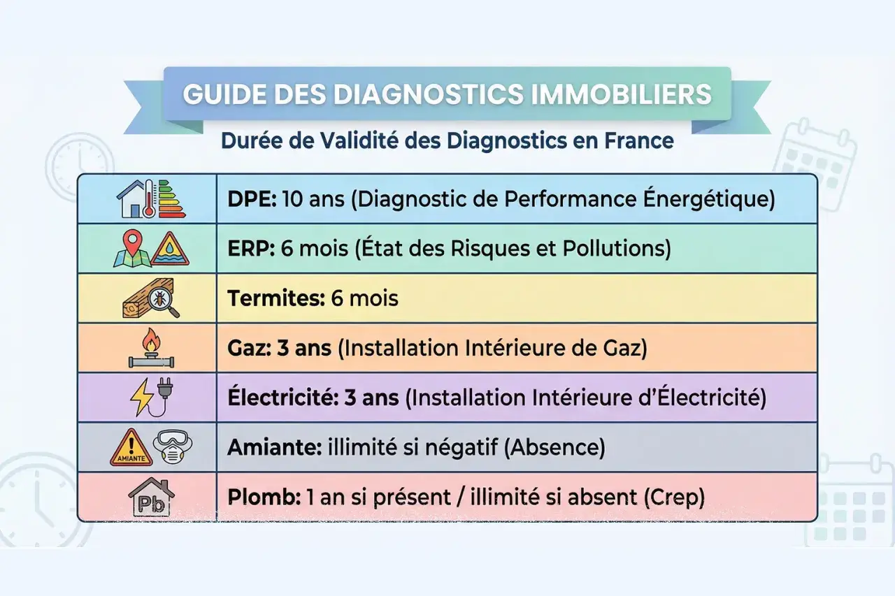 Guide des diagnostics immobiliers pour la vente d'une maison : durées de validité du DPE, ERP, termites, gaz, électricité, amiante et plomb.