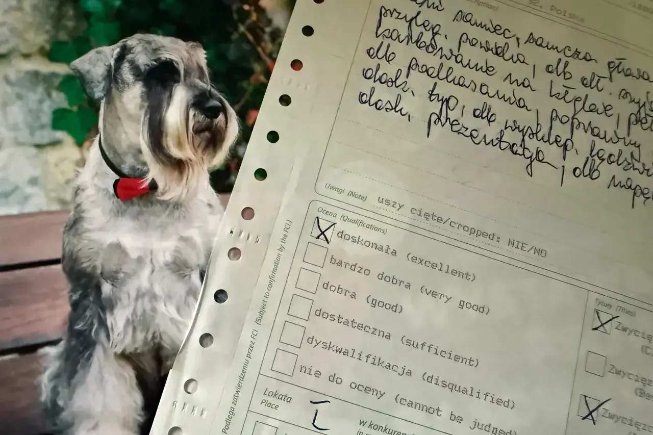 Na wystawie psów, obok uroczej miniaturki sznaucera, widać formularz oceny. Zaznaczono "dyskwalifikacja", co dyskwalifikuje psa na wystawie.