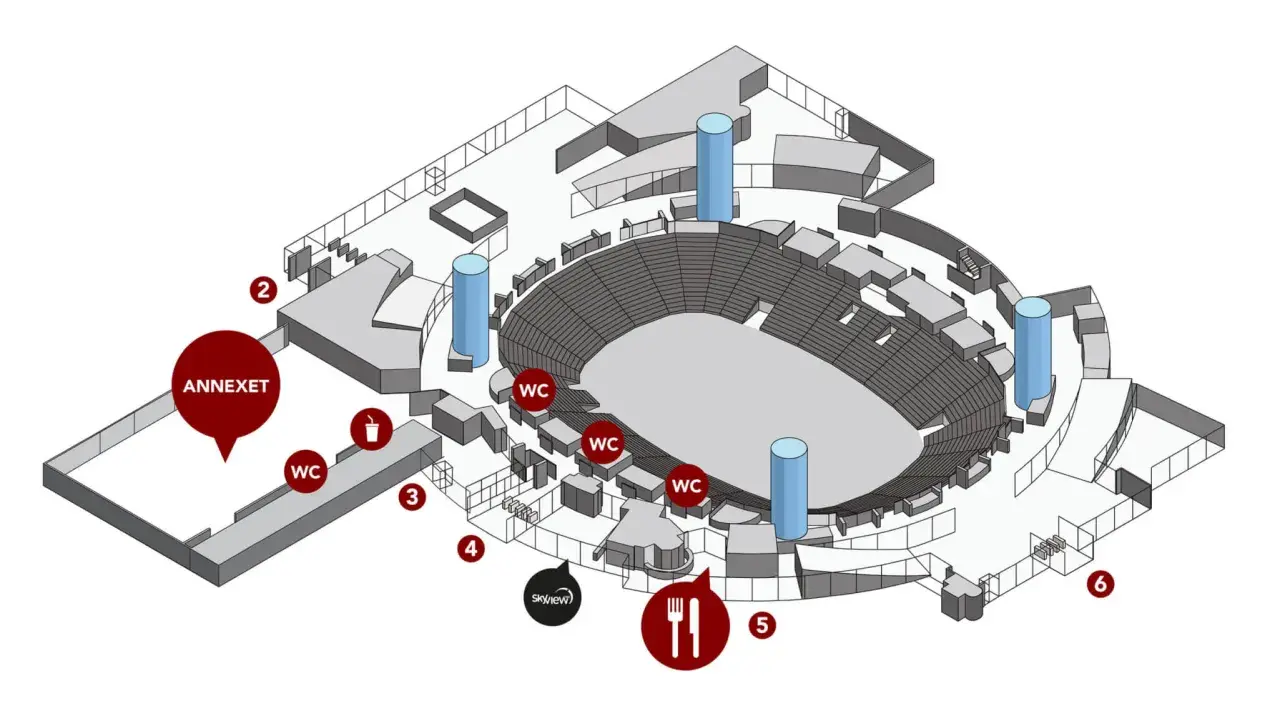 Plan över Annexet Stockholm med sittplatser, toaletter och matställen.