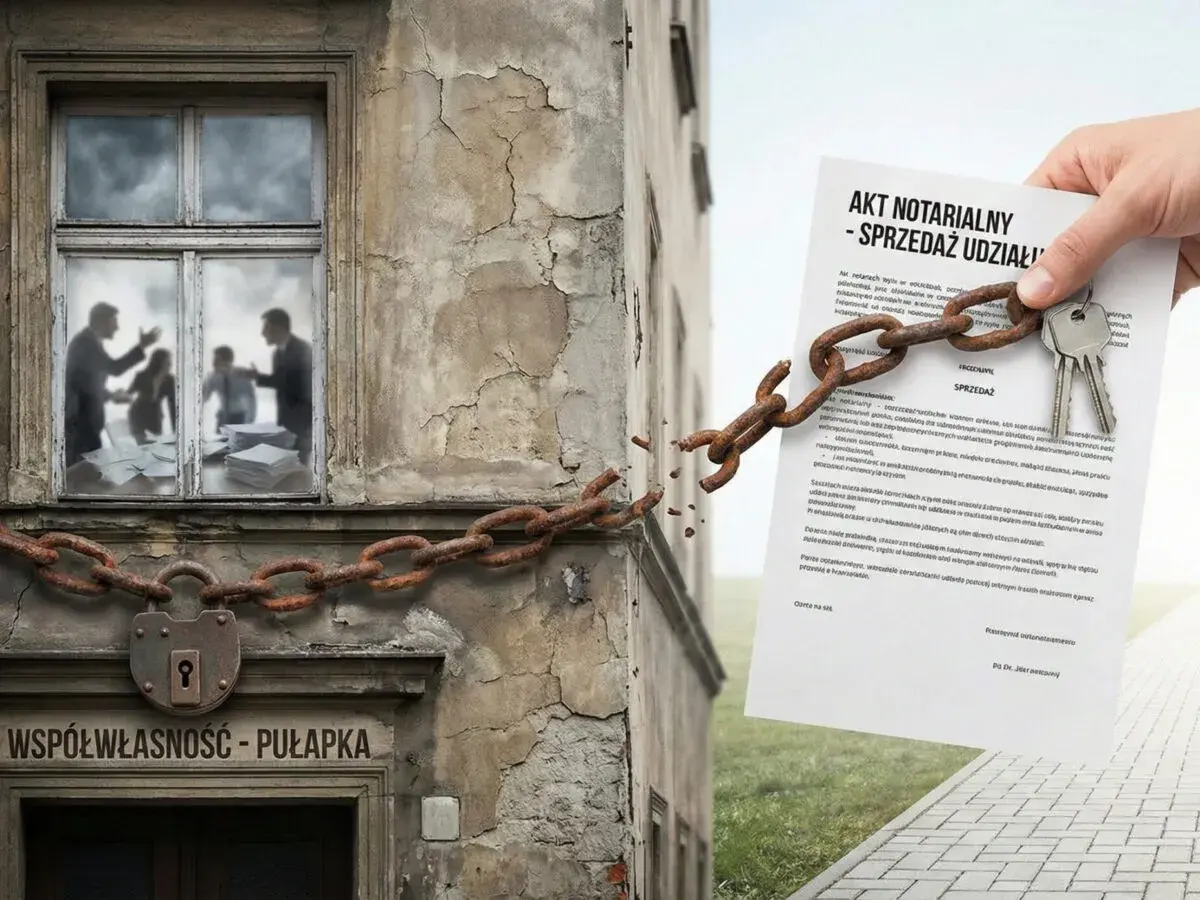 Akt notarialny "Sprzedaż udziału" z kluczami i zerwanym łańcuchem symbolizuje problem, czy można sprzedać współwłasność bez zgody współwłaściciela.