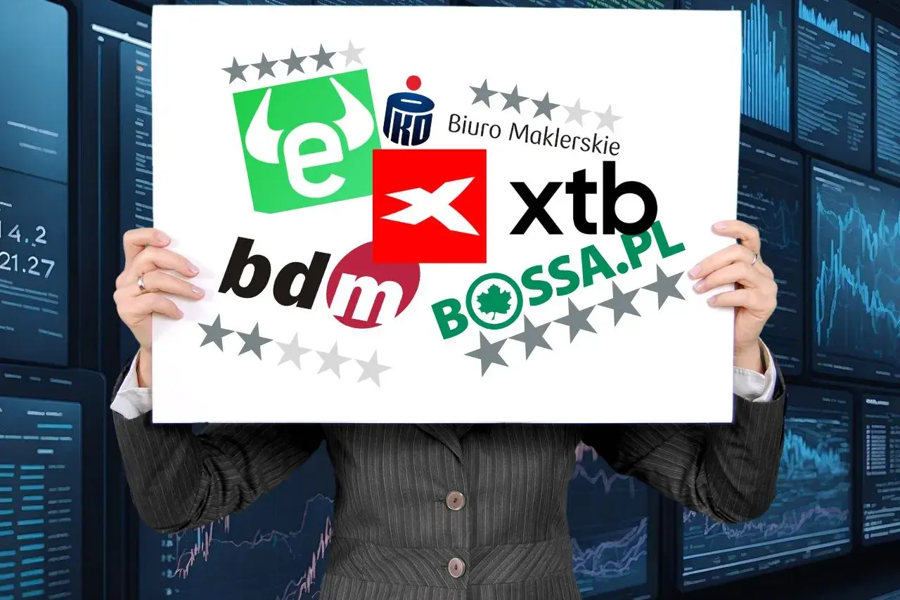 Plakat z logotypami biur maklerskich: eToro, XTB, BDM, BOSSA.PL, IKO.