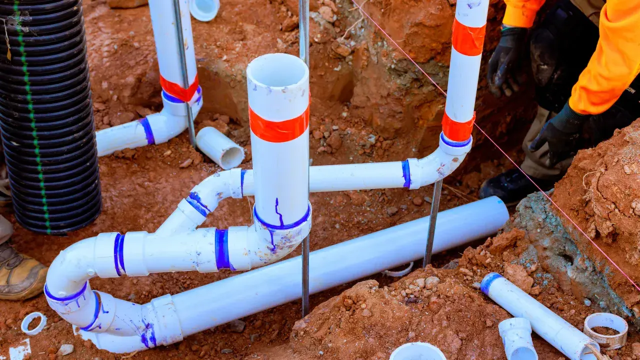 Prace hydrauliczne w toku: łączenie rur pcv w wykopie. Widać fragmenty instalacji kanalizacyjnej i drenażowej.