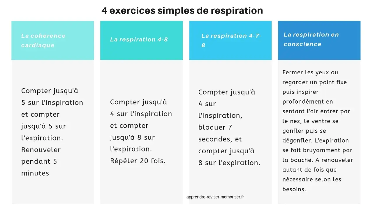 Les 4 types de respiration : cohérence cardiaque, respiration 4-8, 4-7-8, et en conscience. Instructions détaillées pour chaque exercice.