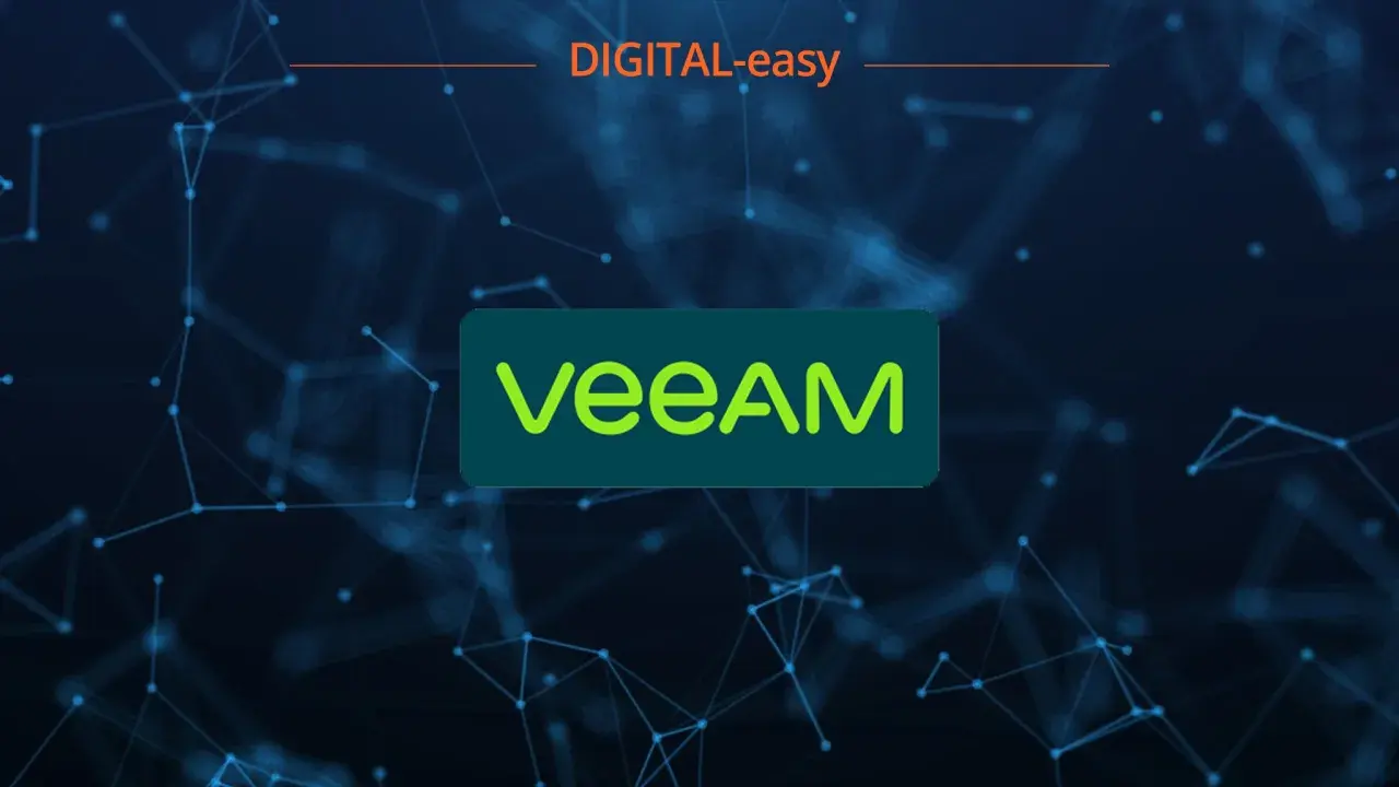 Veeam Agent Logo auf dunklem Hintergrund mit digitalen Netzwerken. DIGITAL-easy.