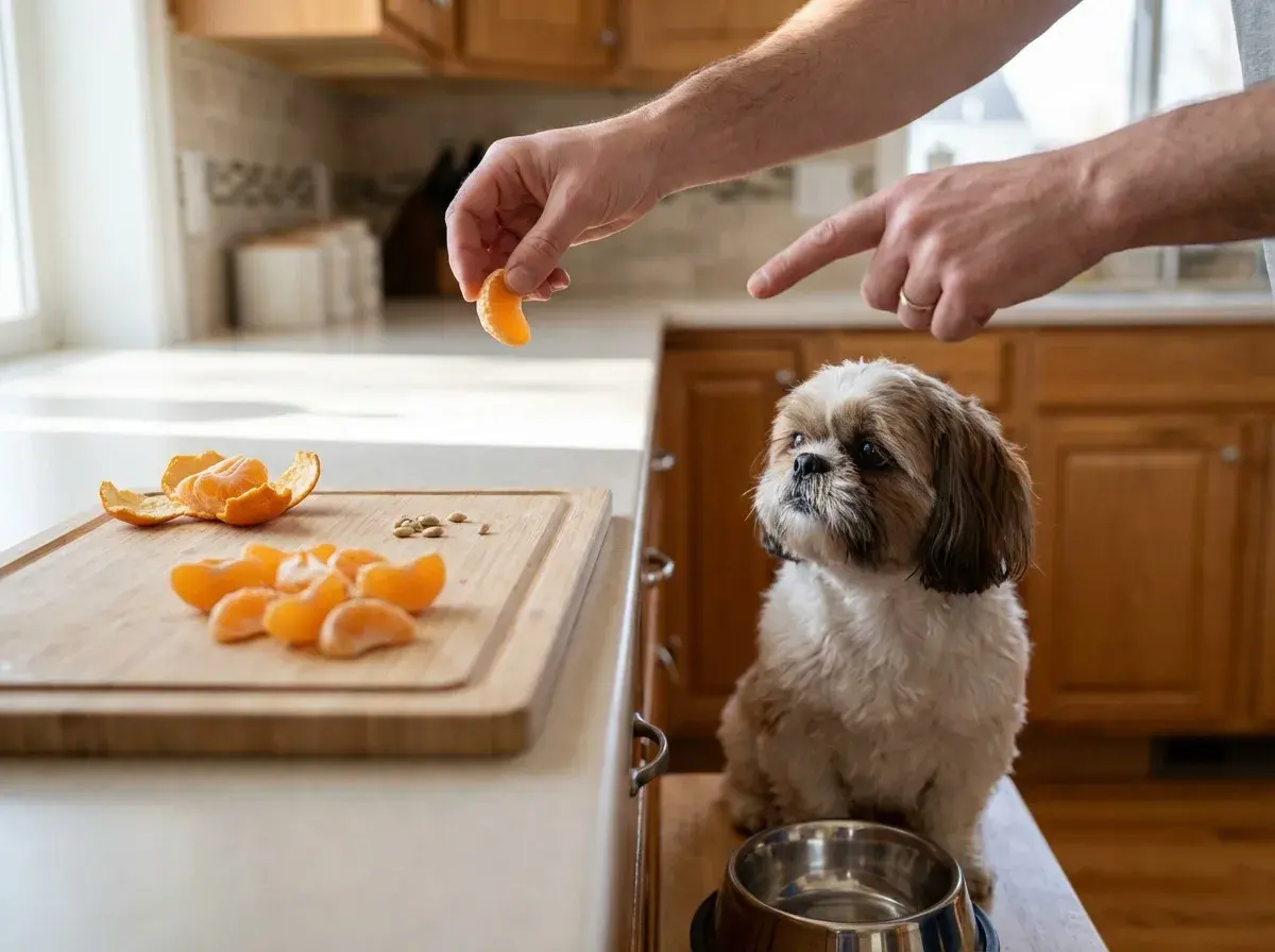 Czy pies może jeść mandarynkę? Mały piesek Shih Tzu patrzy z nadzieją na rękę trzymającą kawałek mandarynki.