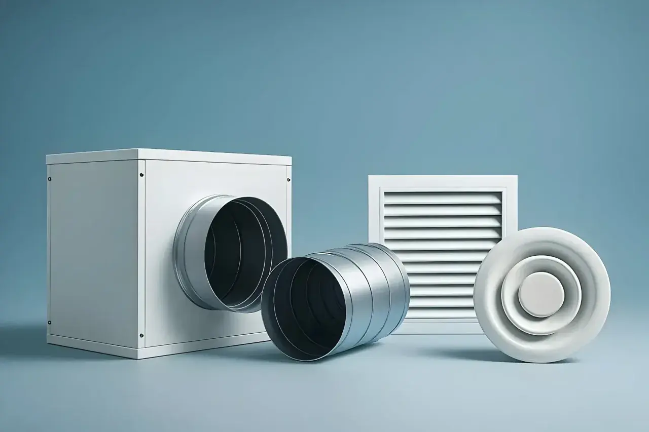Komponenter för ventilation hemma: en ventilationsbox, ett flexibelt rör och en rund ventil.