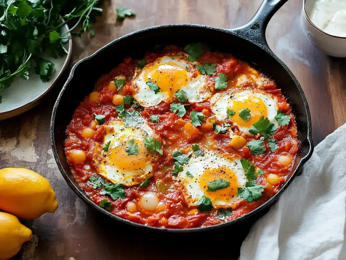 En gjutjärnspanna med ett smakligt shakshuka recept. Ägg pocherade i en kryddig tomatsås med kikärtor och färsk koriander.