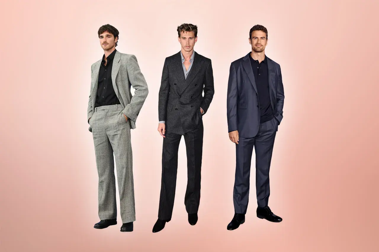 Drei Männer in Anzügen, die den dress code casual lässig interpretieren. Einer trägt einen hellgrauen Tweed-Anzug, der zweite einen dunkelgrauen Nadelstreifen-Anzug, der dritte einen dunkelblauen Anzug.