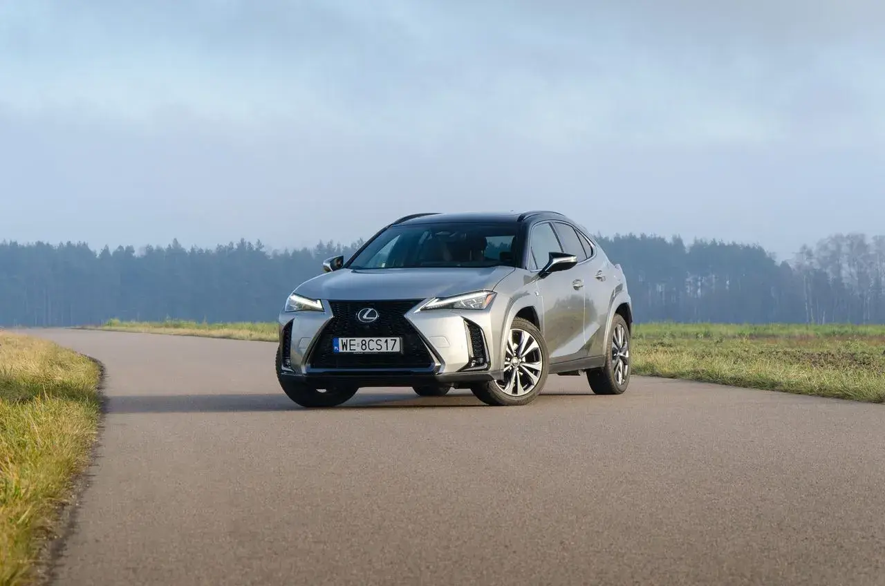 Srebrny Lexus UX 300h na pustej drodze, otoczony polami i lasem w tle.