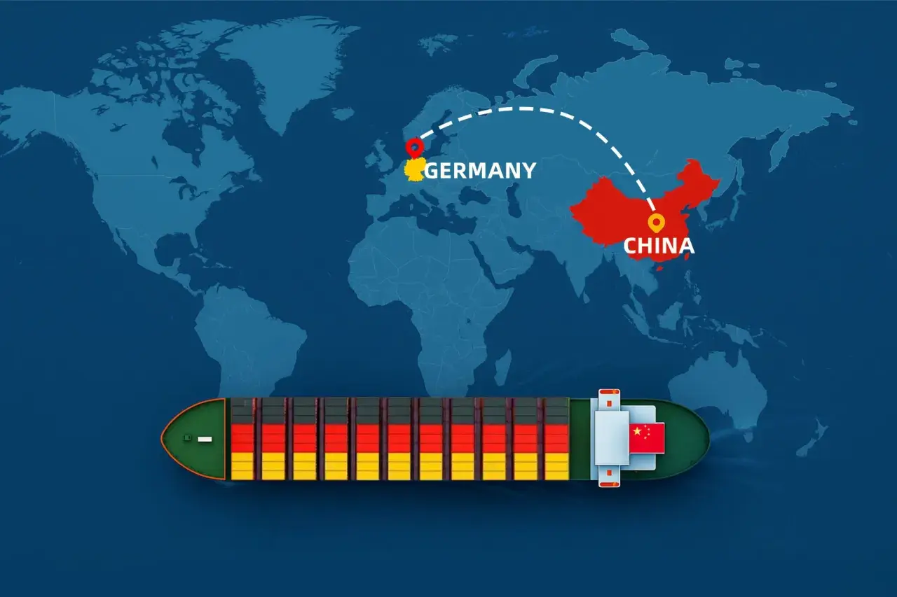 Frachtschiff mit Deutschlandflagge auf dem Weg von China nach Deutschland. Die Route zeigt die lange Reise.