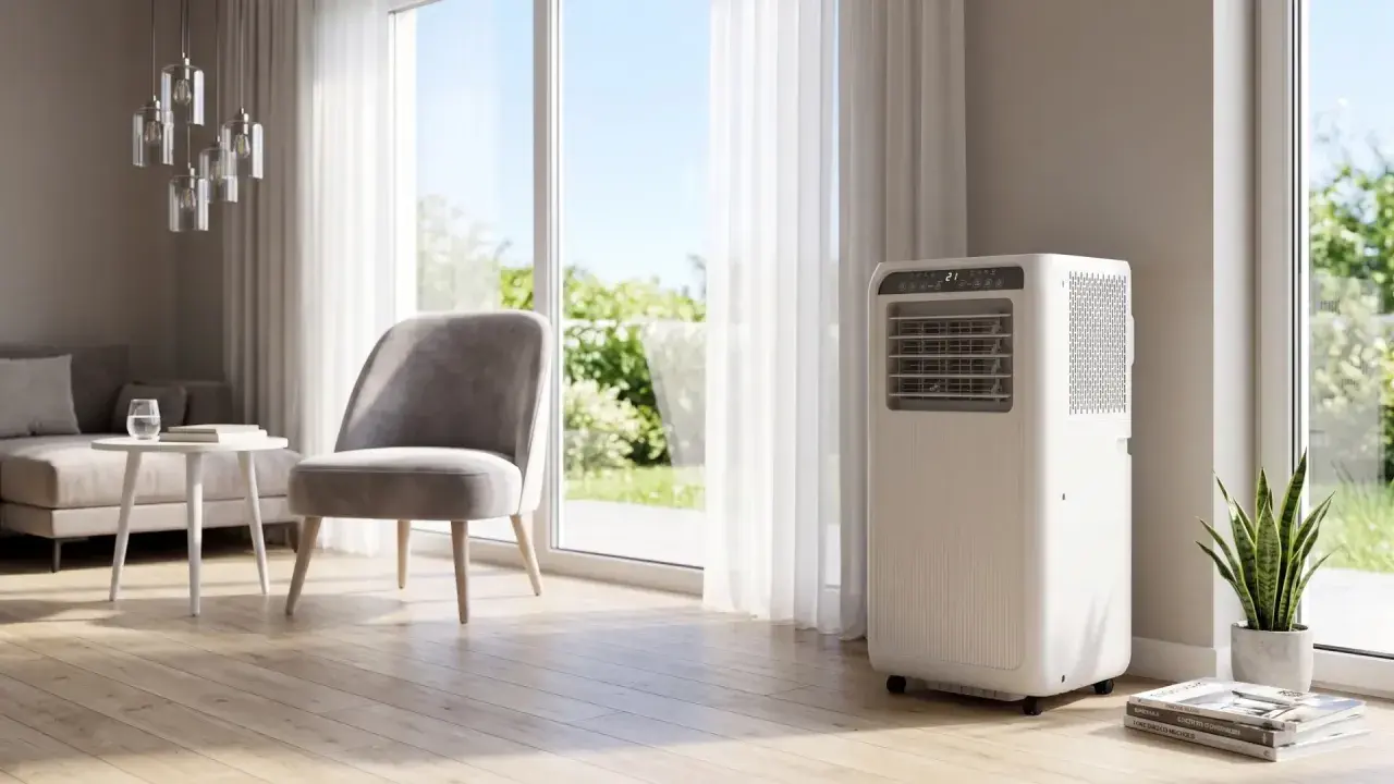 Nowoczesna klimatyzacja w salonie, która zadba o to, czy klimatyzacja oczyszcza powietrze, zapewniając komfort.