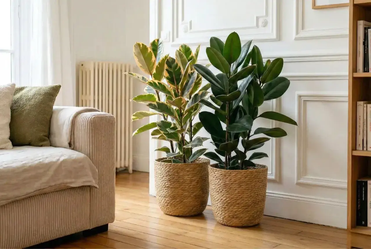 Deux ficus, l'un panaché, l'autre vert foncé, dans des paniers en osier. Parfait pour un entretien ficus dans un salon cosy.