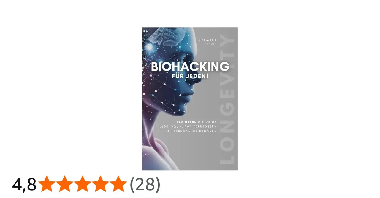 Buchcover: "Biohacking für jeden!" mit stilisiertem Kopf und Gehirn. Erfahre, was Biohacking ist und wie du deine Lebensqualität verbesserst.