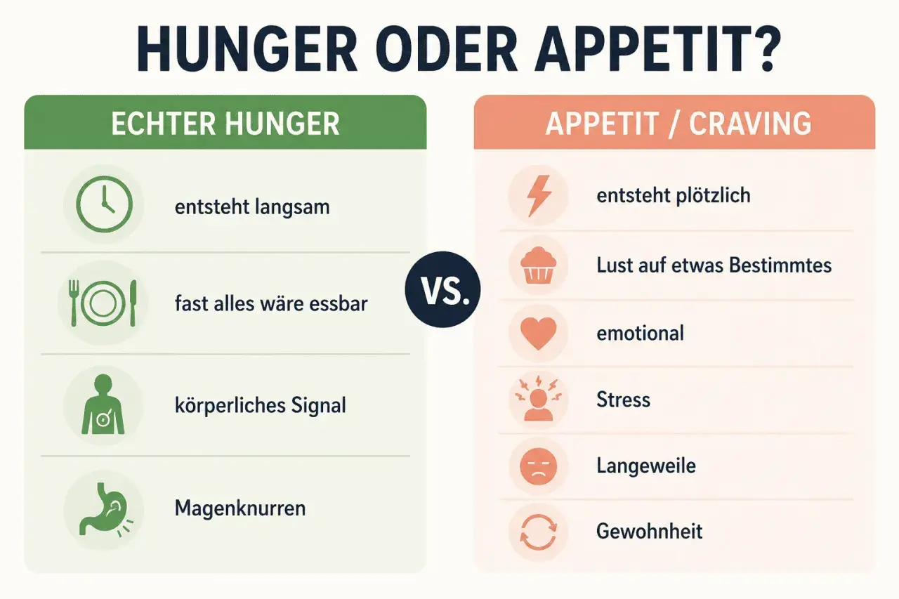 Gegenüberstellung von echtem Hunger (langsam, körperlich, Magenknurren) und Appetit (plötzlich, emotional, Stress, Gewohnheit). Hilft bei nächtlichem Hunger.