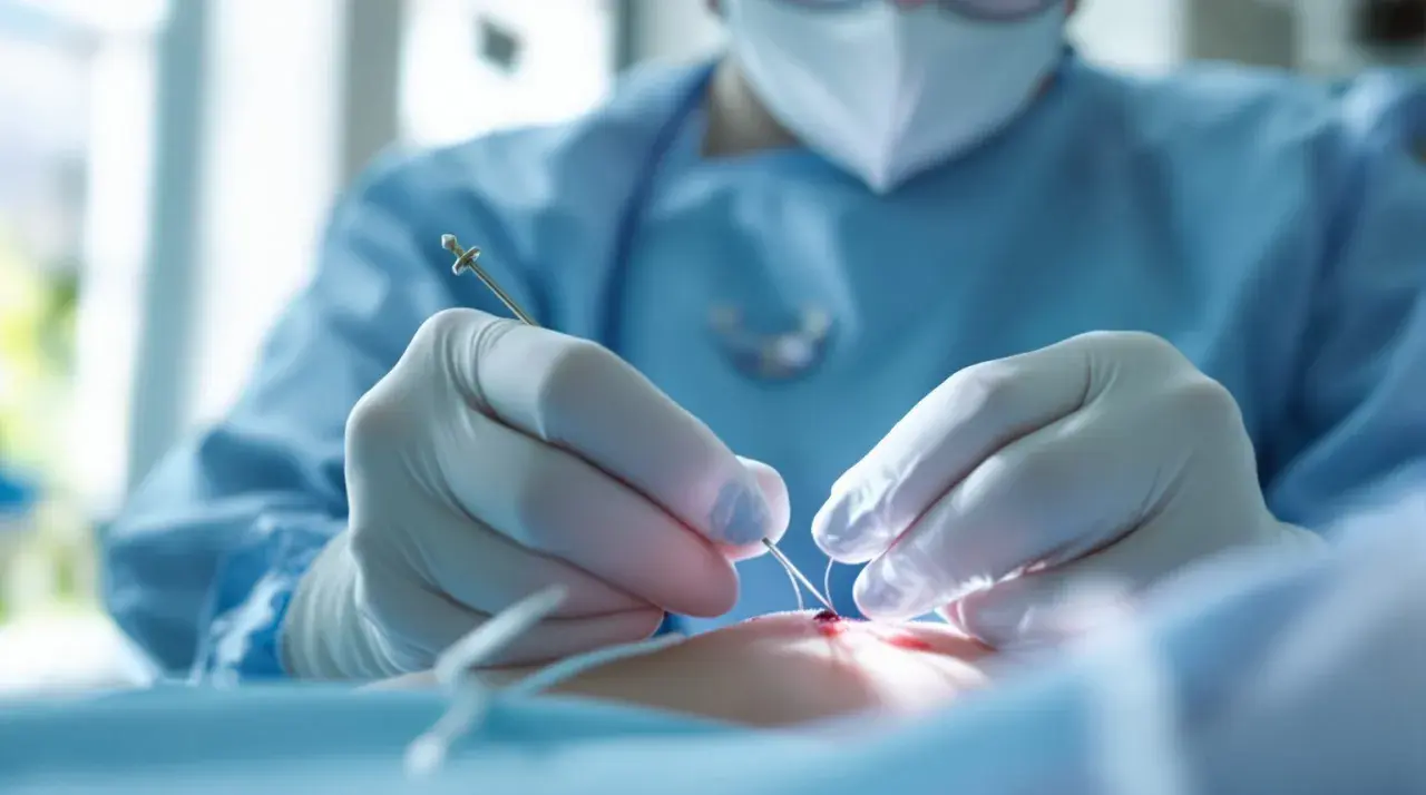 Mains gantées d'un chirurgien suturant une plaie avec précision. Le nombre de point de suture par cm est crucial pour une guérison optimale.