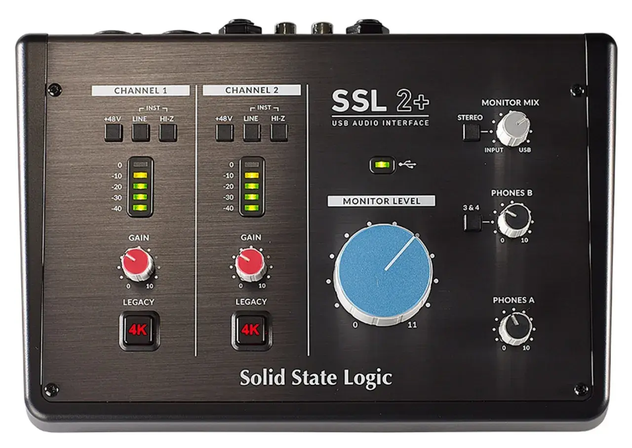 Interface audio USB SSL 2+ : la meilleure interface audio pour des enregistrements professionnels, avec deux canaux, des commandes de gain et des boutons 4K.