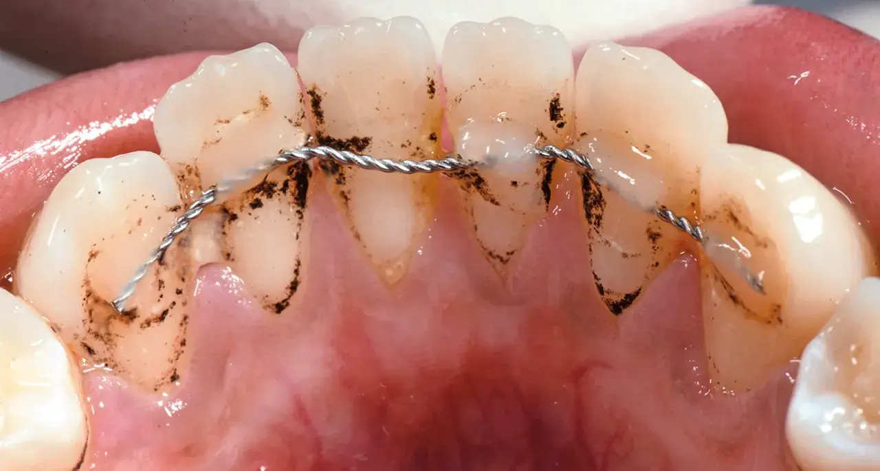Denti con accumuli di placca e tartaro attorno a un retainer fisso.