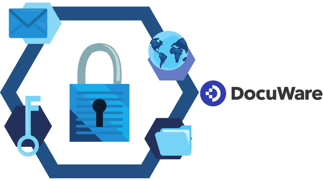 Un coffre fort numérique obligatoire pour sécuriser vos données. Icônes de clé, cadenas, globe, enveloppe et dossier. Logo DocuWare.