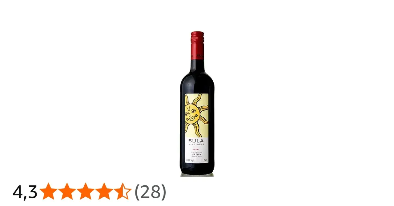 Sula Shiraz, ein **Wein zu indischem Essen**, mit einem sonnigen Etikett und 4,3 Sternen Bewertung.