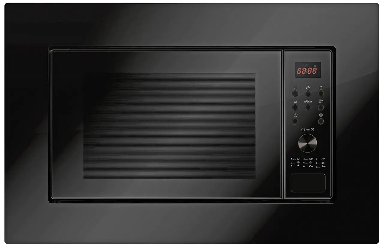 Svart inbyggd micro med digital display och knappar. Perfekt för köket.