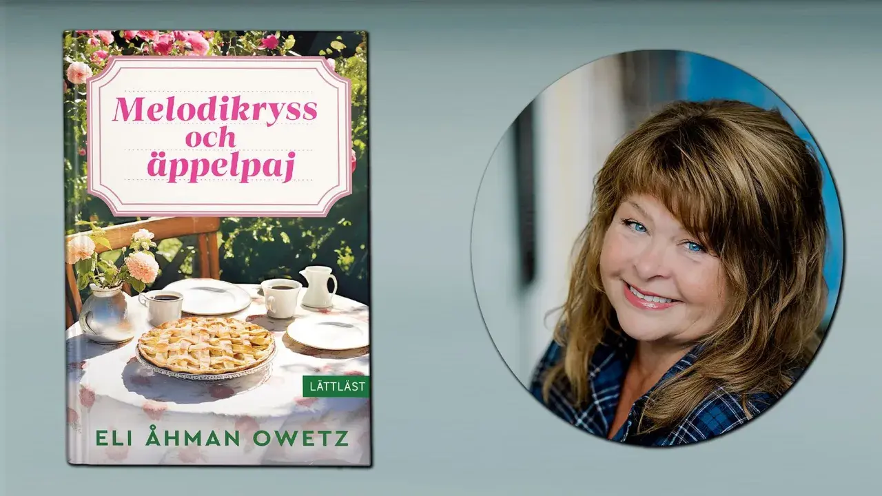 Boken "Melodikryss och äppelpaj" av Eli Åhman Owetz. En kvinna med blå ögon ler.