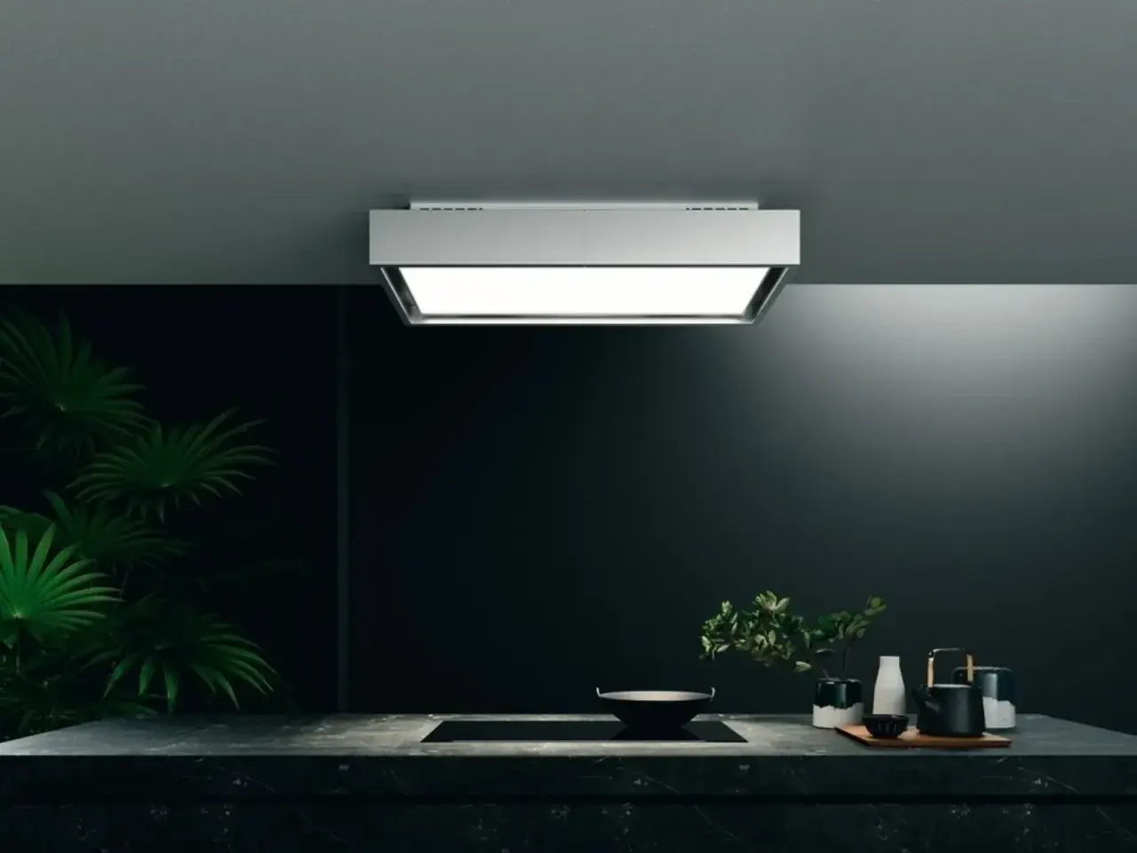 Cappa a soffitto in cartongesso, design moderno, illumina la cucina con stile.