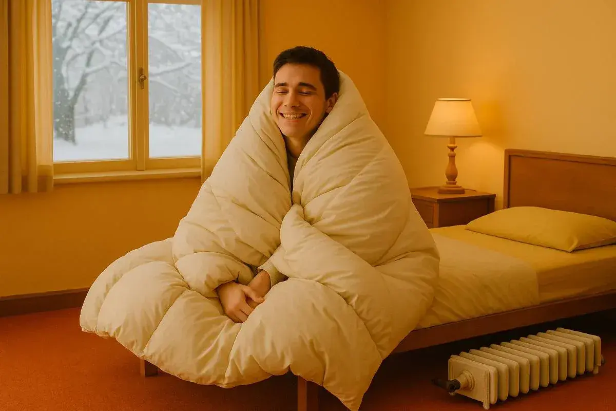 Uomo avvolto in una coperta, sorride mentre fuori nevica. Un termosifone è visibile, suggerendo la lotta contro la dispersione termica in casa.
