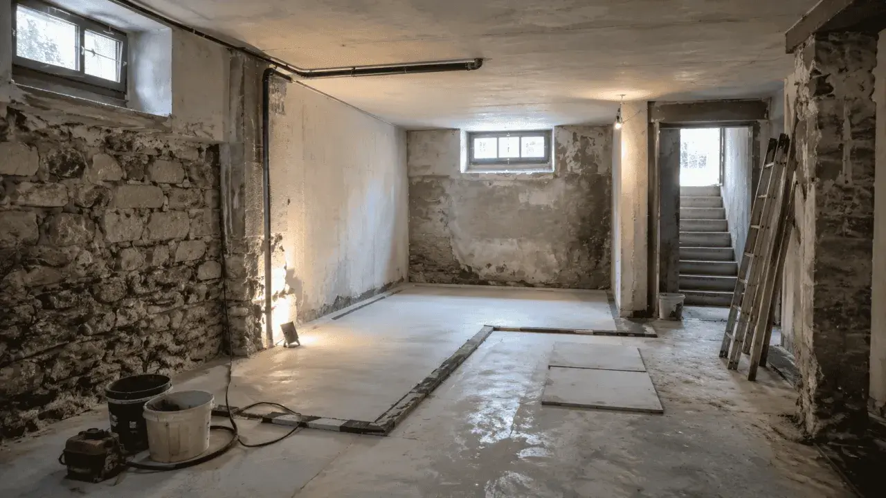 Cantina interrata in fase di isolamento. Muri in pietra grezza, cemento grezzo, finestre piccole, scale e attrezzature per lavori.