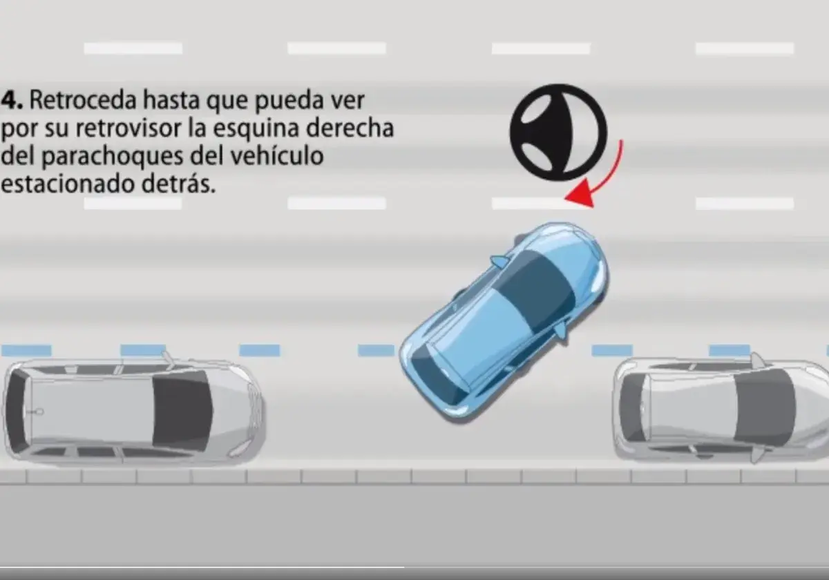 Ilustración de un coche azul aparcando en línea entre dos coches grises.