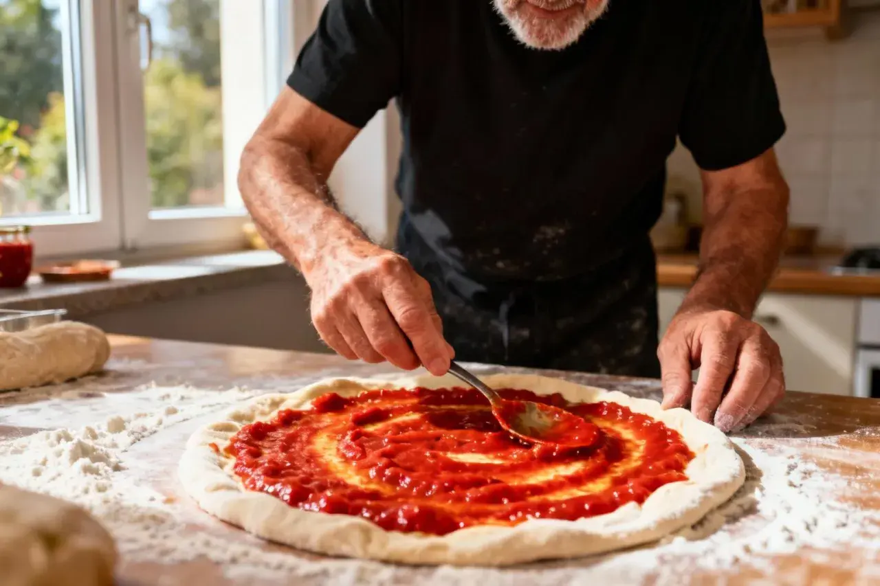 Un homme prépare une pizza, étalant un coulis de tomates sur la pâte avec une cuillère. La farine est saupoudrée sur la table.