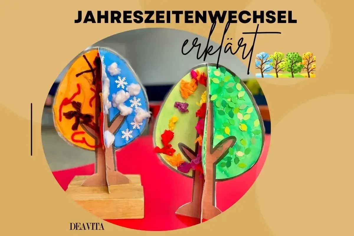 Bastelarbeiten im Kindergarten zeigen den Jahreszeitenwechsel: Ein Baum mit Herbstlaub, Schnee und Frühlingsblüten.