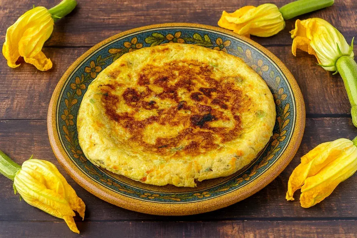 Frittata dorata con fiori di zucca, servita su un piatto decorato, circondata da fiori freschi.