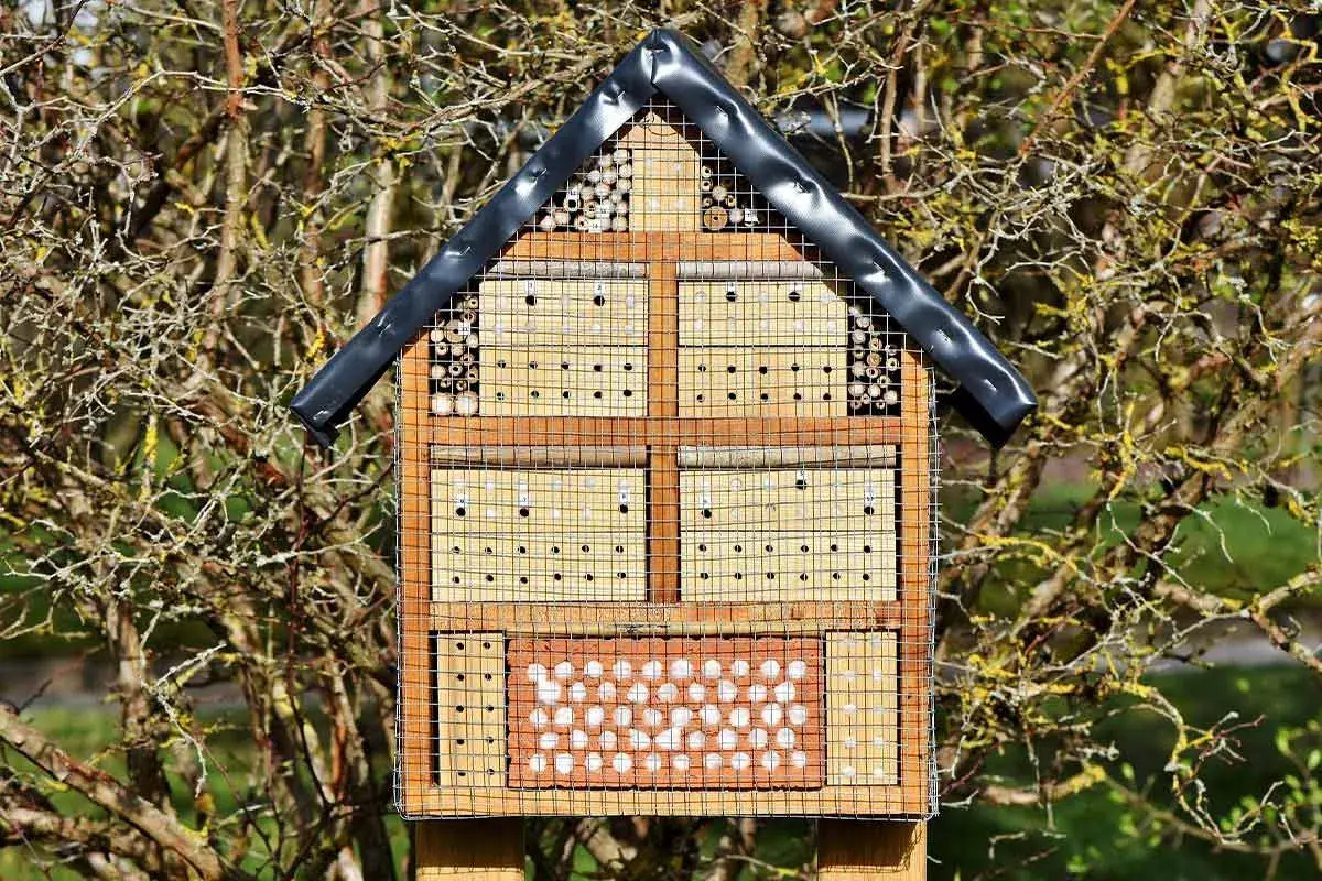 Ein Insektenhotel mit verschiedenen Fächern für Nützlinge, ideal als Standort im Garten.