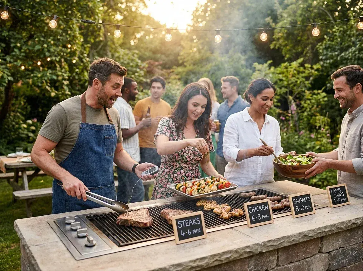 Un groupe d'amis profite d'un barbecue en plein air. Des steaks, du poulet et des brochettes cuisent sur le grill, tandis que d'autres préparent une salade. L'ambiance est festive, avec des guirlandes lumineuses et de la verdure.