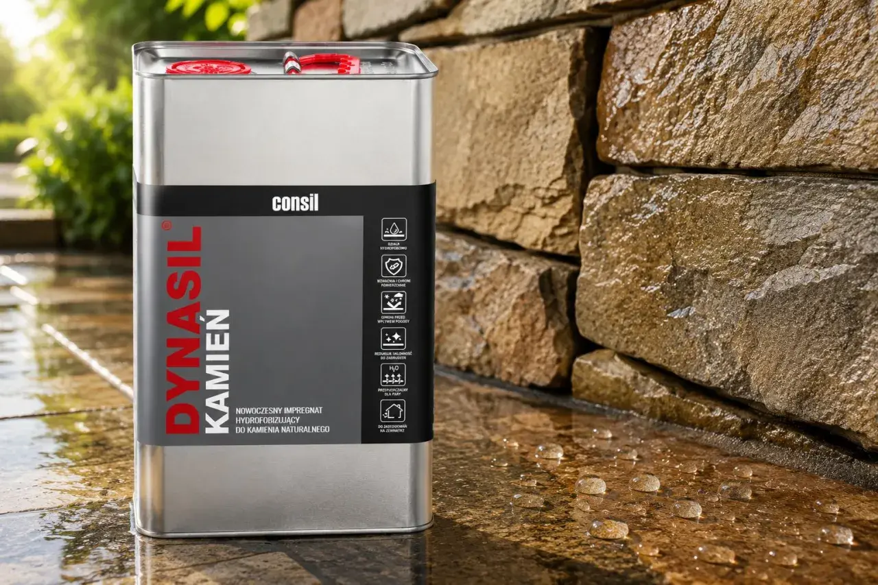Metalowa puszka z napisem "Dynasil Kamień" obok mokrej kamiennej ściany. To nowoczesny impregnat hydrofobizujący do kamienia naturalnego.