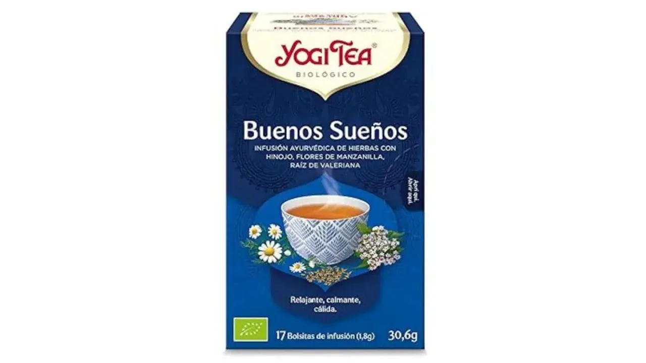 Caja de Yogi Tea "Buenos Sueños", una de las 5 mejores infusiones para relajarse. Contiene hinojo, manzanilla y valeriana.