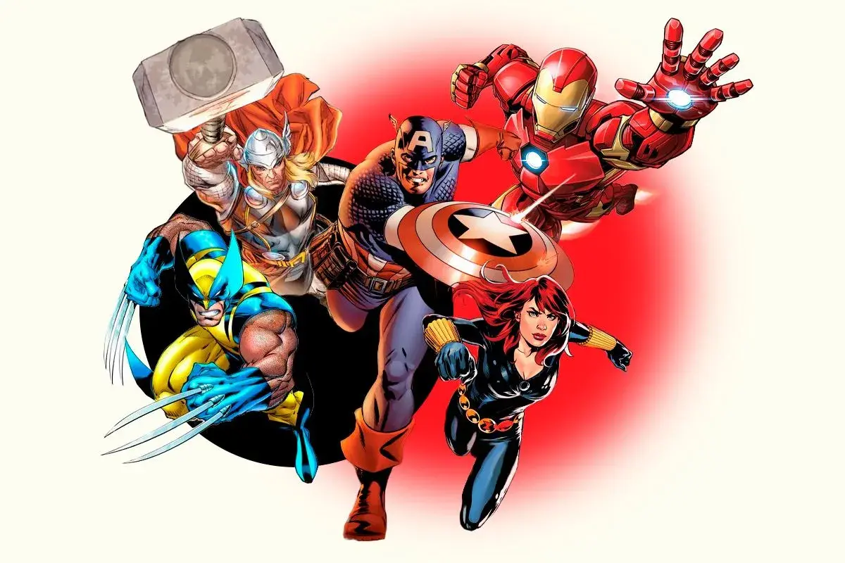 Los Vengadores, liderados por el Capitán América, se preparan para la acción: Thor, Iron Man, Wolverine y Black Widow.