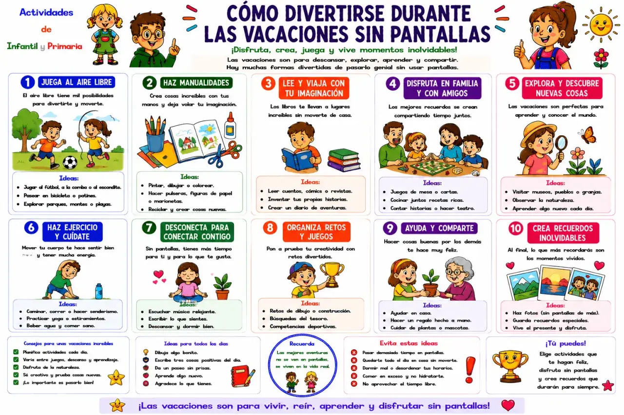¡Qué hacer en vacaciones con niños! Actividades para disfrutar sin pantallas: jugar al aire libre, manualidades, leer, juegos en familia, explorar, ejercicio, desconectar, retos, ayudar y crear recuerdos.