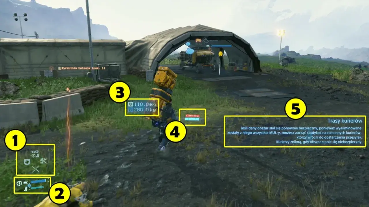 Death Stranding poradnik: Sam w namiocie, z ekwipunkiem i informacjami o trasach kurierów.