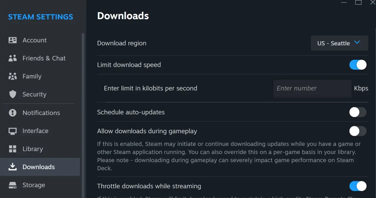 Ustawienia pobierania w Steam: region, limit prędkości, automatyczne aktualizacje.