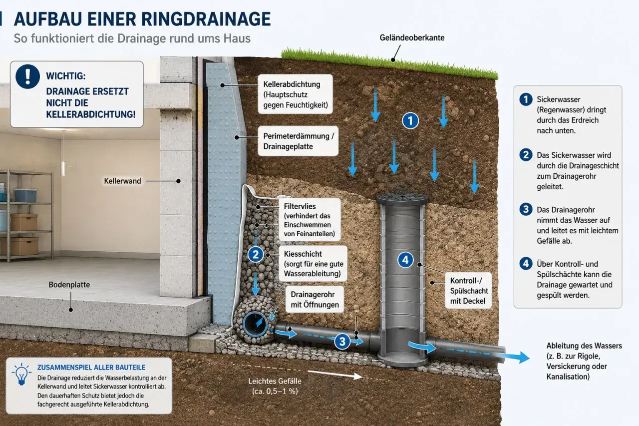 Schema einer Ringdrainage um ein Haus. Sie leitet Sickerwasser ab und unterstützt die Kellerabdichtung.