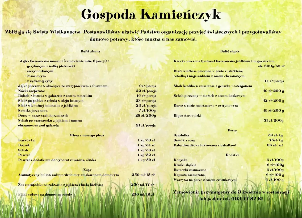 Menu świąteczne z potrawami z Gospody Kamieńczyk, z podziałem na bufet zimny i ciepły.