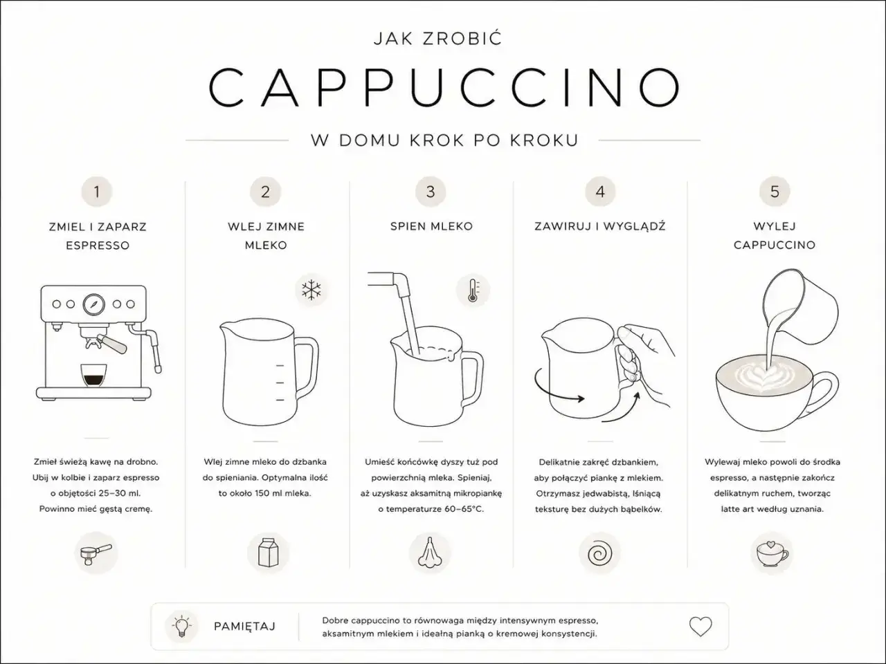Instrukcja jak zrobić cappuccino: zmiel kawę, zaparz espresso, spień mleko, połącz składniki. Kluczowe są cappuccino proporcje i aksamitna pianka.