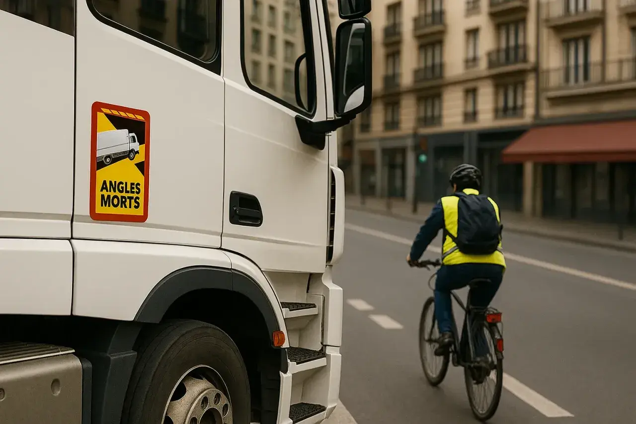 Autocollant "Angles Morts" sur un poids lourd, rappelant l'équipement obligatoire pour la sécurité des cyclistes en ville.