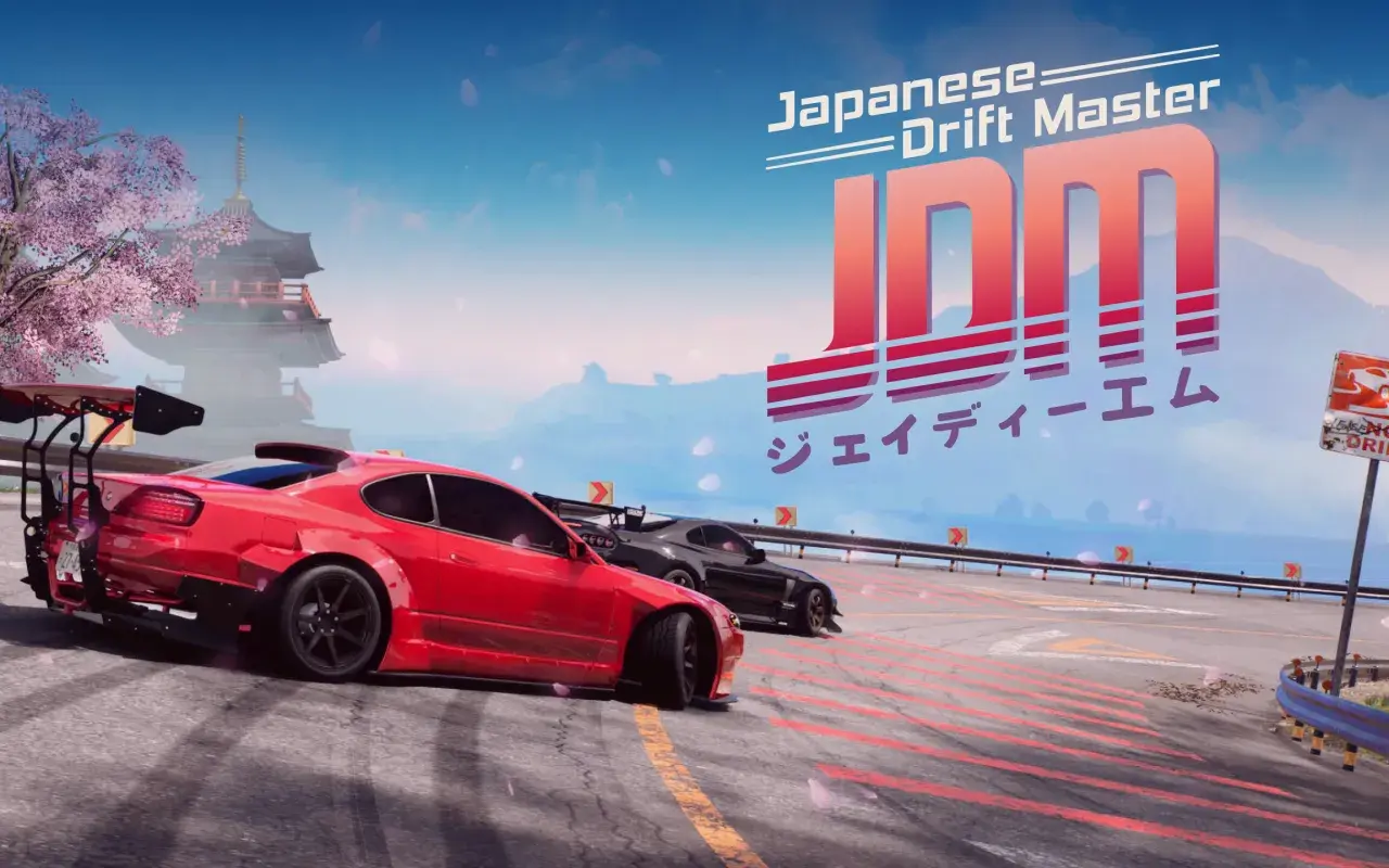 JDM Japanese Drift Master: czerwony i czarny samochód driftują na torze wyścigowym, w tle japońska pagoda i kwitnąca wiśnia.