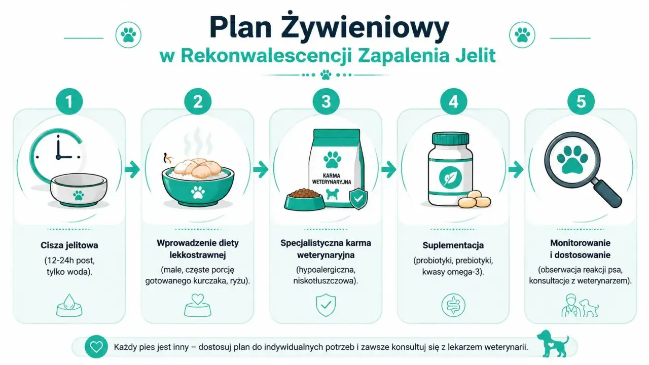 Plan żywieniowy dla psa po zapaleniu jelita grubego: post, dieta lekkostrawna, karma weterynaryjna, suplementacja i monitorowanie.