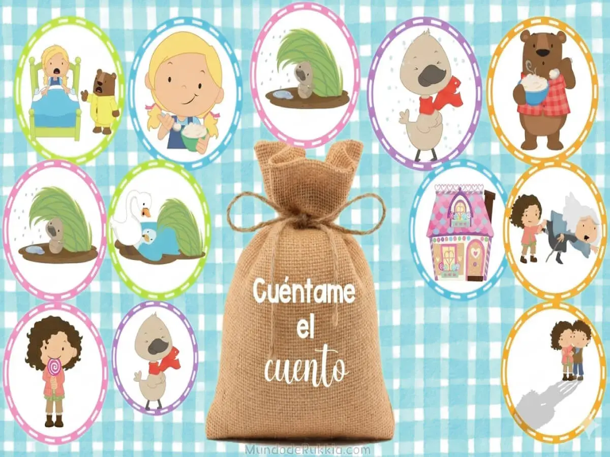Bolsa de arpillera con la frase "Cuéntame el cuento", rodeada de ilustraciones de cuentos populares: osos, patitos, cisnes, niños y una casita.