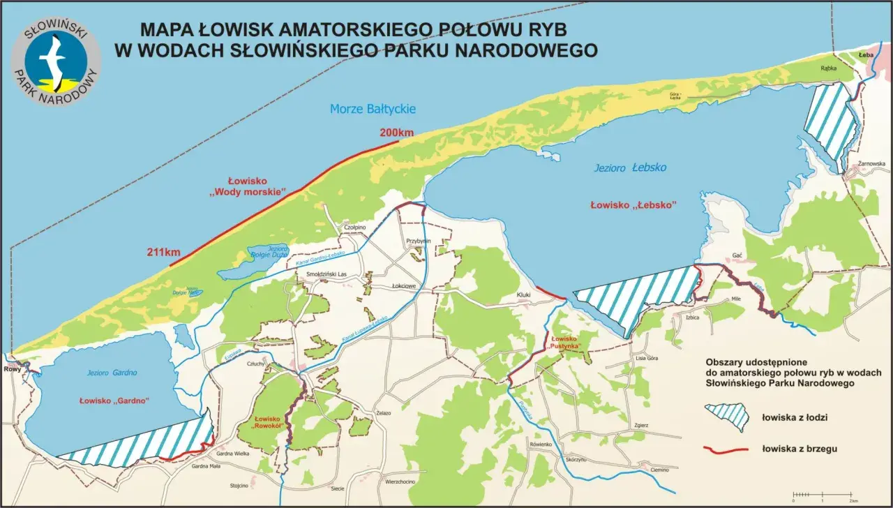 Mapa Słowińskiego Parku Narodowego z zaznaczonymi łowiskami: Jezioro Gardno, Jezioro Łebsko, morze.