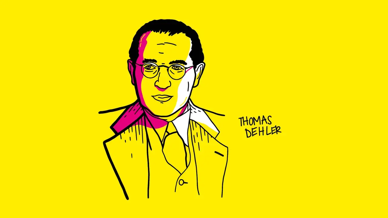 Porträt von Thomas Dehler im Comic-Stil auf gelbem Hintergrund. Der Name "Thomas Dehler" ist rechts daneben geschrieben.